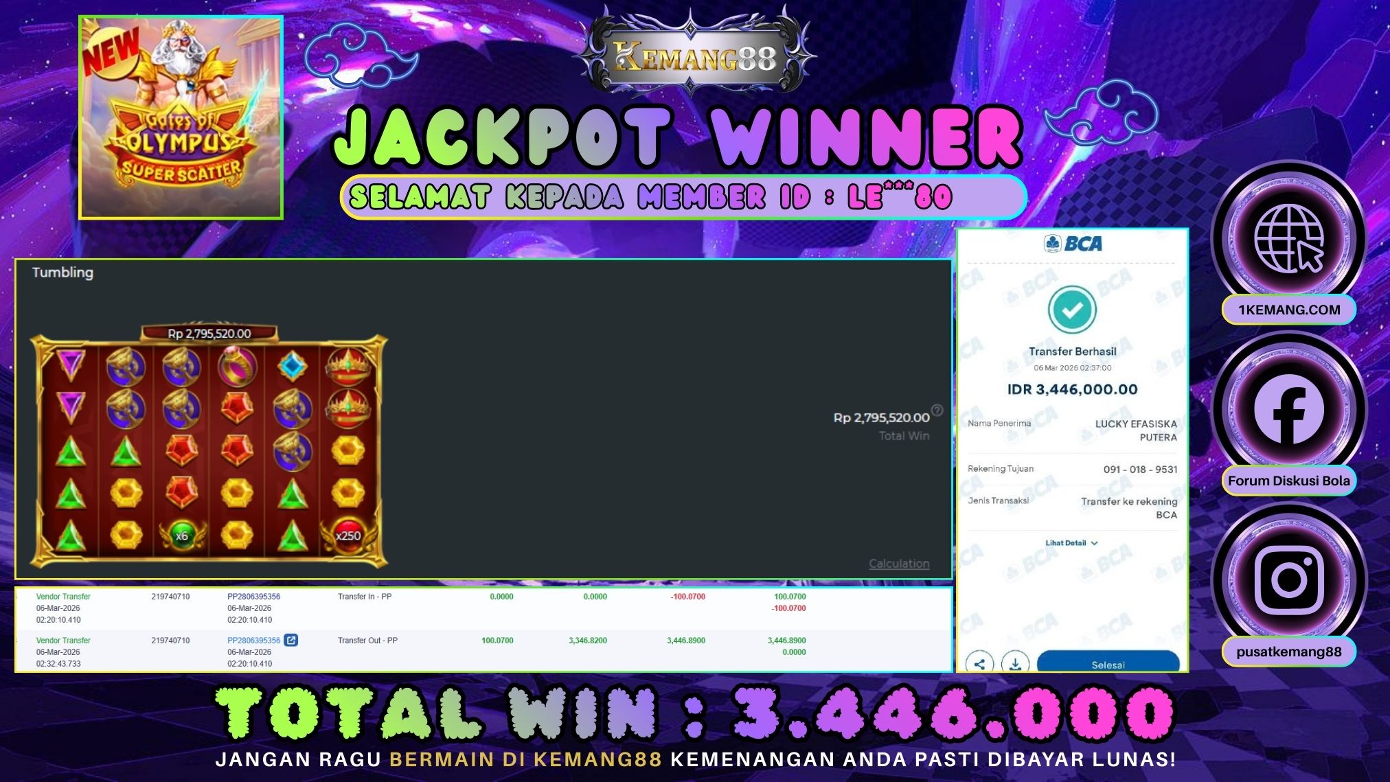 KEMANG88 [06 Maret 2026] : JACKPOT SLOT : GATES OF OLYMPUS SUPER SCATTER [PP] Rp. 3.446.000.,- LUNAS